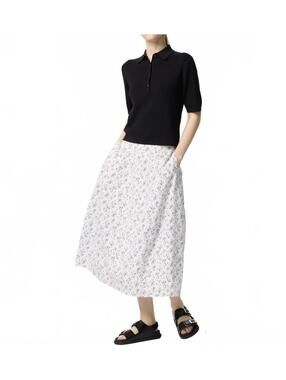 Uniqlo U Cotton Cocoon Floral Printed Midi Skirt Off White NWT Size XS